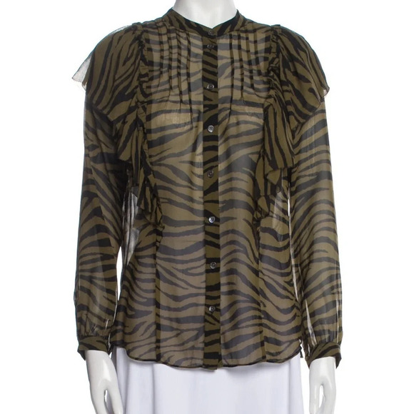 VERONICA BEARD - CAMILLA SILK ZEBRA TOP IN OLIVE - SIZE 8 - Picture 9 of 16